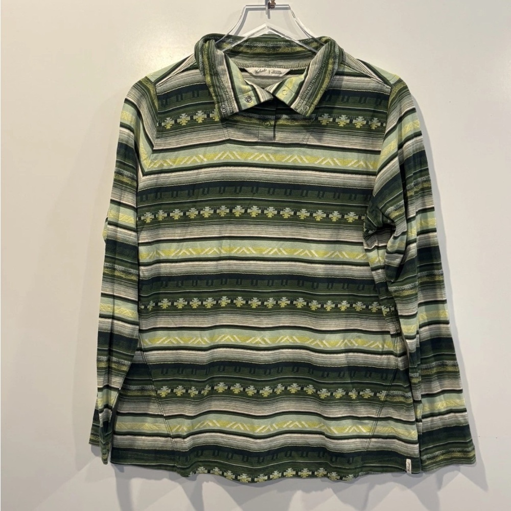 Woolrich Green Geometric Moc Neck 3/4 Snap Henley‎ Top Shirt Womens Large (1276)